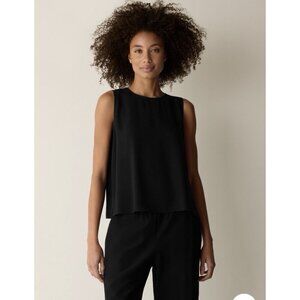 NWT Eileen Fisher Silk Georgette Crepe Tank Top XS Black Wide Shell Boxy Classic